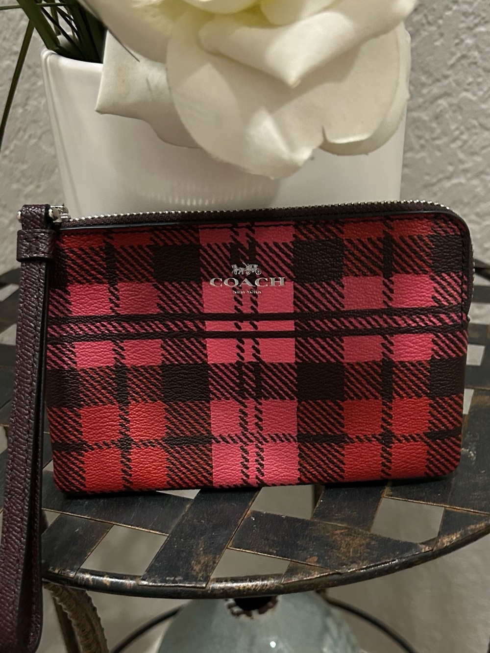COACH Red & Pink Plaid Zip Wristlet with Wrist Strap
